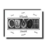 A black and white image featuring the word "COACH" spelled out using various sports equipment, such as a baseball, glove, and bat. The word is surrounded by the names "Levi", " Kyle", " Chris", " Colin", " Elijah", and " Brett".