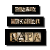 three separate frames, each containing a different arrangement of letters. The first frame displays the letters "OLIVIA" with a wheel and a vase. The second frame shows the letters "WRATHP" with a tree and a bird. The third frame features the letters "PAPA" with a bird and a branch.