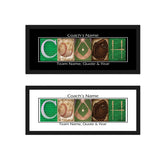 a framed design with the word "COACH" made up of various sports equipment, such as a baseball, a baseball glove, and a baseball bat.