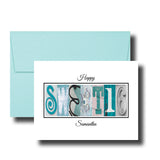 A greeting card with the word "SWEET 16" made up of various teal and white shapes, along with the text "Happy SWEET 16" and "Samuela" printed on it.