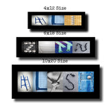 three framed artworks, each with a different size and containing various sports-related images, such as a ladder, a volleyball, and a tennis ball.