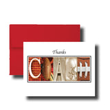 A red envelope with a white card inside, displaying the word "Thanks" in a creative arrangement of football-related images.