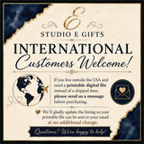 The image is a promotional poster for a company called Studio E Gifts, which offers international customers a welcome message. It features a globe, a heart, and an envelope, along with text providing information about sending a digital file instead of a shipped item and instructions for sending a message before purchasing.