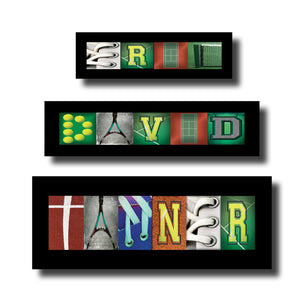 three framed pieces of artwork, each with a different tennis-related image and the name "DAVID" written across them.