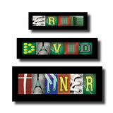 three framed pieces of artwork, each with a different tennis-related image and the name "DAVID" written across them.
