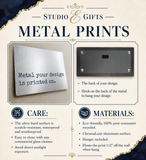 The image is a promotional graphic for metal prints, featuring a close-up of a metal print and a description of the materials used.