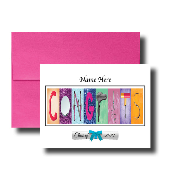 A pink envelope with a white card inside, featuring the word 