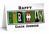 A personalized birthday card featuring the word "COACH" made up of various sports-related images, including a football, a baseball, and a soccer ball.