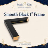 a black 1-inch frame with a gold trim, set against a blue and gold decorative background.