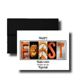 The image is a greeting card with a Halloween theme, featuring the word "FORST" made up of various Halloween-themed images such as a jack-o-lantern, pumpkins, and other fall-themed elements.
