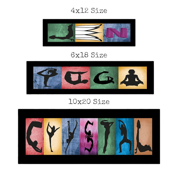 three different sizes of framed artworks, each featuring silhouettes of various yoga poses. The sizes are 4x12, 6x18, and 10x20.