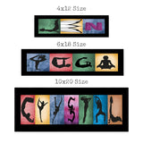 three different sizes of framed artworks, each featuring silhouettes of various yoga poses. The sizes are 4x12, 6x18, and 10x20.