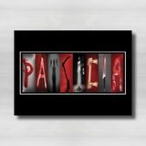 The image is a collage of various images, including a silhouette of a person, a knife, and other dark-themed elements, arranged to spell out the word "PALETRA".