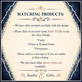 The image is a sign for a store called Studio E Gifts, which offers a variety of products such as cards, prints or framed prints, or ornaments, and sports/letter art. The sign provides information about the available products and instructions for customers to make a purchase or find a listing.