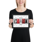 A woman is holding up a framed collage with the word "COACH" spelled out using various images, including a red frisbee, a person in a track suit, and a person in a track uniform.