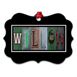 A black frame with the word "WILLIAM" spelled out in a creative and artistic manner using various images, such as a green pencil, a clock, and a red and white striped object.