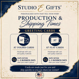 The image is an advertisement for Studio & Gifts, a company that produces and ships greeting cards. It features two types of cards: A7 Folded Cards and A7 Flat Cards, each with different shipping options and descriptions. The ad emphasizes the personalized nature of the gifts and encourages customers to ship quickly so they can share joy with others.