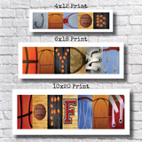 three framed prints with various basketball-related images arranged to spell out the word "WILSON". The prints are labeled as "4x12 Print", "6x18 Print", and "10x20 Print".