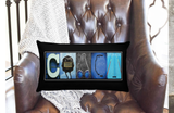 A black pillow with the word "COACH" spelled out in a creative and artistic manner, featuring various objects such as a clock, a pair of headphones, and a pair of sunglasses.
