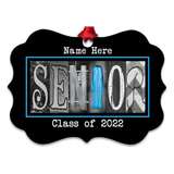 A black and white decorative frame with the word "SENIOR" spelled out in a creative and artistic way, along with the text "Name Here" and "Class of 2022" displayed on it.
