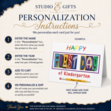 The image is a promotional graphic for personalized cards, featuring instructions on how to create a personalized card for a first day of Kindergarten.
