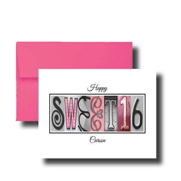 A pink envelope with a white card inside, featuring the text 