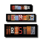 three rectangular frames with the name "Hunter" written on them. The frames are arranged in a row, with the top frame being the largest and the bottom frame being the smallest. The frames are filled with various sports-related images, such as basketballs, tennis rackets, and baseball gloves, creating a collage-like appearance.