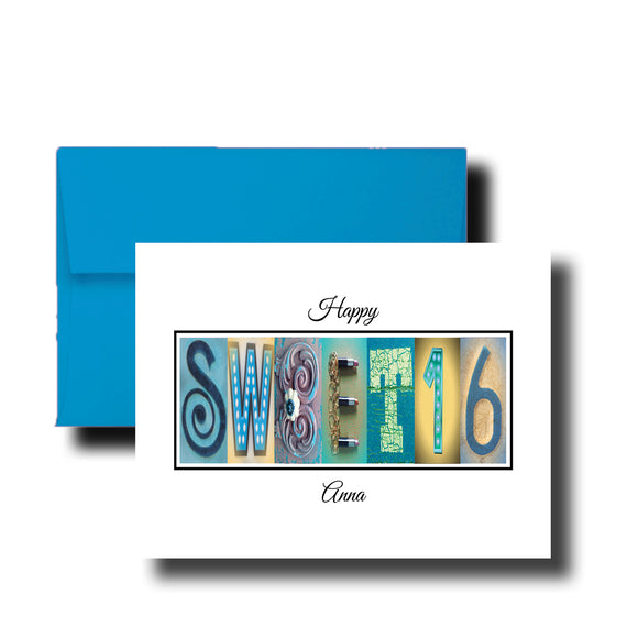 The image is a birthday card with the word 