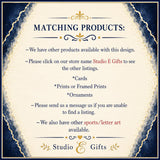The image is a sign for a store called Studio E Gifts, which offers a variety of products such as cards, prints or framed prints, or ornaments, and sports/letter art. The sign provides information about the available products and instructions for customers to make a purchase or find a listing.