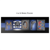the word "MOOSE" spelled out using various objects, such as a helmet, a gun, and a flag.