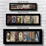 three framed prints with the name 'HODDINGTON' spelled out using various objects and images, including a bench, a chair, a wagon wheel, and a flower.