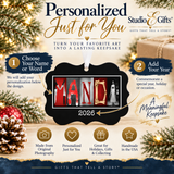 The image is a promotional graphic for personalized ornaments, featuring a central image of a personalized name or word made from a photo, surrounded by various text elements and holiday-themed elements.