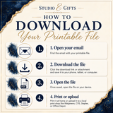 The image is a step-by-step guide on how to download a printable file from an email, with icons and text providing instructions for each step.