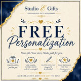 The image is an advertisement for Studio & Gifts, offering a free personalization service for gifts. It features a gold and blue color scheme with decorative elements such as hearts and leaves. The text highlights the benefits of the service, including the ability to customize gifts based on the recipient's preferences, stories, and interests. The ad emphasizes that the service is free and encourages viewers to take advantage of this unique offering.