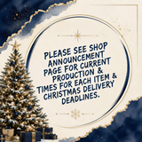 The image is a Christmas-themed collage with a large Christmas tree, gift boxes, and a star decoration. The text in the center of the image reads: "Please see shop announcement page for current production & times for each item & Christmas deadlines." Studio E Gifts, LLC