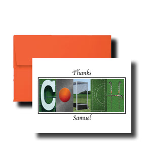 A personalized thanks card with the name "Samuel" spelled out using various sports-related images, such as a soccer ball, a hockey stick, and a field.