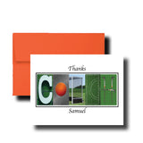 A personalized thanks card with the name "Samuel" spelled out using various sports-related images, such as a soccer ball, a hockey stick, and a field.