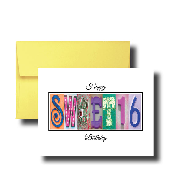 A yellow envelope with a greeting card inside, featuring the word 