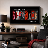 a framed collage of images that spell out "SHADICK" on a wall, with a black and white color scheme.