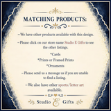 The image is a sign for a store called Studio E Gifts, which offers a variety of products such as cards, prints or framed prints, or ornaments, and sports/letter art. The sign provides information about the available products and instructions for customers to make a purchase or find a listing.
