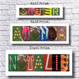 three framed prints with various sports-related elements arranged to spell out the word "NOLA".