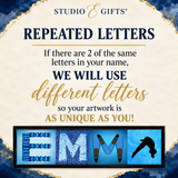 The image is a promotional poster for Studio & Gifts' repeated letters, which are used to create unique artwork. The poster encourages the use of different letters to create one-of-a-kind artwork, emphasizing the uniqueness of the individual's artistic expression.