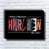 The image is a framed artwork featuring the name "HARLEIN" spelled out using various images, including a hand, a knife, and a brick wall.