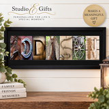 a personalized name art piece made up of various objects, such as a horseshoe, a wagon wheel, and a horse, arranged in the shape of a person's name.