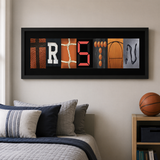 A framed collage of various sports-related images, including a basketball, a soccer ball, and a tennis ball, arranged to spell out the name "TRISTAN".