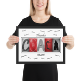 A woman is holding a framed artwork that displays the word "COACH" made up of various images, including athletes and sports-related elements.