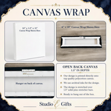 The image is a collage of four photos showcasing a canvas wrap product. The collage includes a close-up of a white canvas wrap, a close-up of a stretched canvas, and two images of the product in different settings.