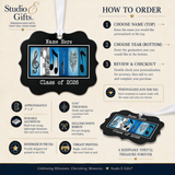 The image is a personalized gift guide for ordering a Class of 2026 graduation ornament. It provides step-by-step instructions on how to order the ornament, including choosing the name, graduation year, and reviewing the checkout process. The ornament is described as a personalized keepsake that will be cherished and treasured for years to come.