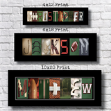 Studio E Gifts letter art three framed name art pieces, each with a different print size and design. The names are "CHRISTOPHER", "JACKSON", and "MATTIE" arranged in a creative manner using various sports-related images, such as football helmets, baseball gloves, and footballs.