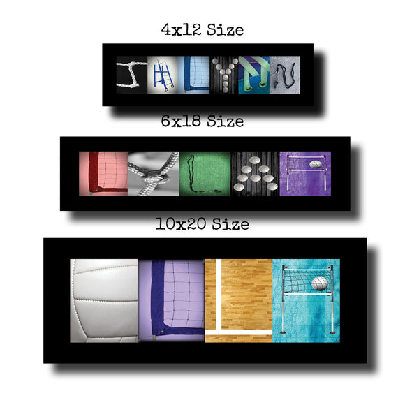 three framed artworks, each depicting different sports equipment and scenes, ranging from volleyball to a tennis court. The artworks are labeled with their respective sizes, including 4x12, 6x18, and 10x20.